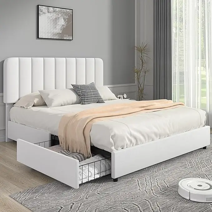 Full Size Upholstered Bed Frame with 4 Drawers and Adjustable Headboard, Velvet Platform Storage Bedframe Mattress Foundation