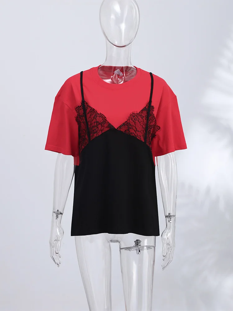 Spitzen-Patchwork T-Shirt mit Fake-Zweiteiler-Effekt für Damen, Eleganter Rundhalsausschnitt, Kurzarm, Locker Geschnittenes Oberteil, Frühlings-Chic, Neue Club- und Partykleidung – Detail 14