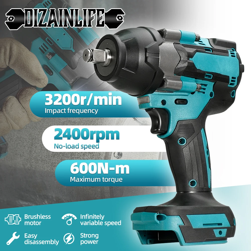 600N.m Cordless Brushless Electric Impact Wrench High Torque Driver Hand Drill Socket Power Tool Light for Makita 18-21V Battery