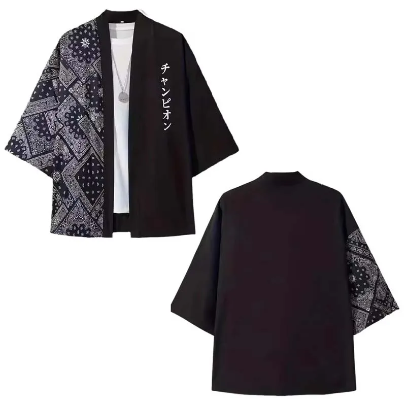 Japanese Kimonos for Men Letter Print Open Front Cardigan Adult Harajuku Sunscreen Clothes Summer Vacation Coat