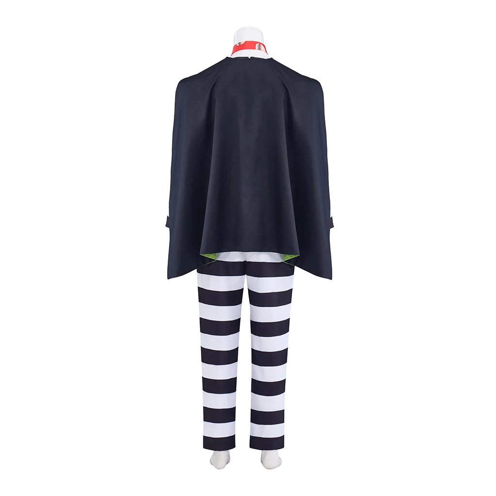 Men Hamburger Thief Cosplay Costume Black White Striped Jail Prisoner Uniform Fast Food Burglar Halloween Party Outfit with Cape view 5