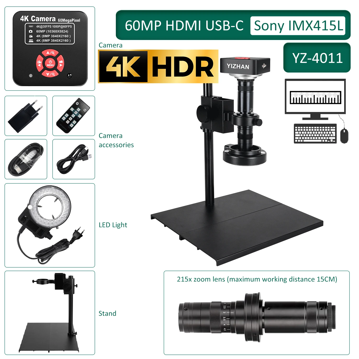YIZHAN 60MP 4K UHD USB Digital Microscope For Electronics HDMI 60FPS 215X Zoom Lens VGA 30fps Repair Soldering Sturdy Bracket