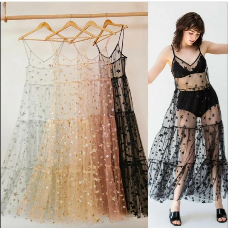 Sterrenprint Strand Enkellange Spaghetti Jurk Vrouwen Zomer Mouwloze V-hals Vestidos Vrouwelijke Kant Mesh Shirring Jurken
