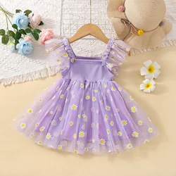 Baby Girl Dress Summer Daisy Mesh Girl Princess Dress Cute Flying Sleeves Girl Wedding Flower Girl Dress