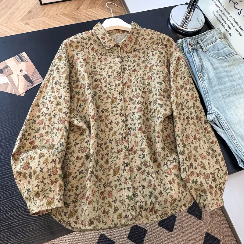 

Women's Vintage Harajuku Floral Print Long Sleeve Shirt Loose Fit Button Down Blouse Casual Cotton Linen Top With Chest Pocket