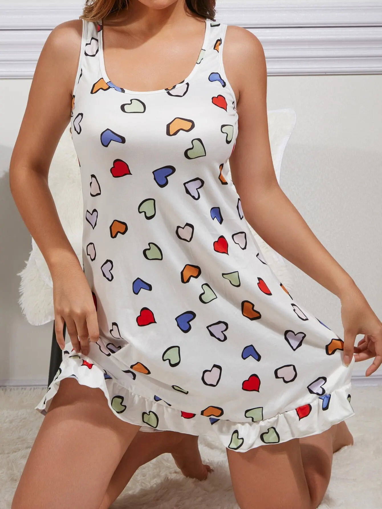 Summer Sexy Sleepwear Women Cotton Night Dress Heart Shaped Printing Nighties Nightgown Loose Nightdress Nightwear Homewear