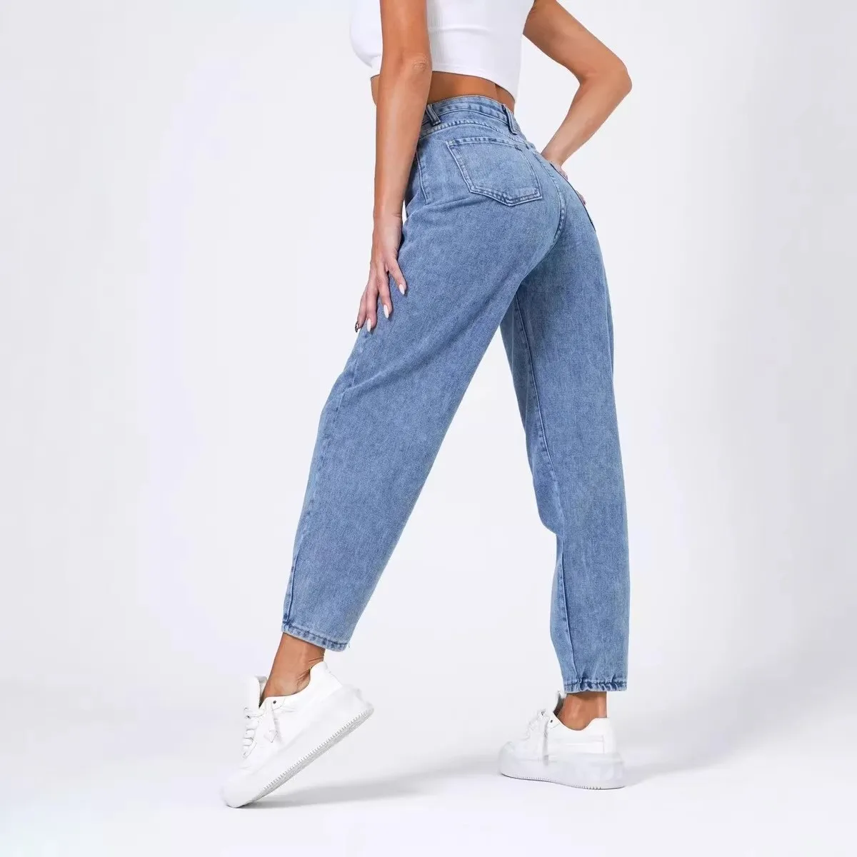 Women's Baggy High Waist Full Length Cotton Washed Tapered Leg No Iron Basic Jeans for Women Casual Denim Pants with Five Pocket