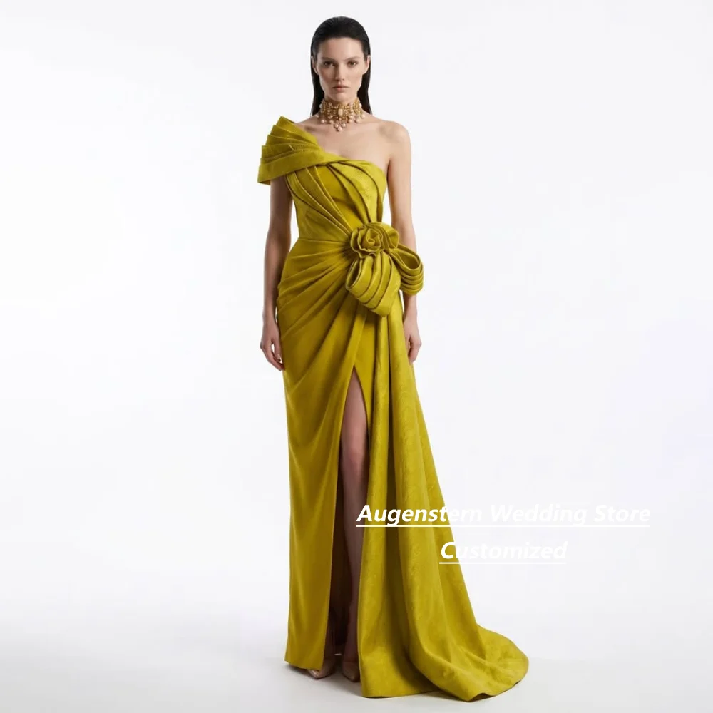 Customized Mustard Mermaid Mother Of The Bride Gown One Shoulder 3D Floral Bow Slit Long Train For Wedding Guest Party Plus Size
