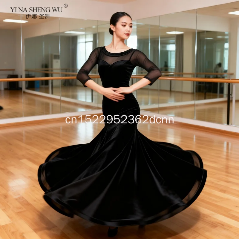 여성용 표준 볼룸 댄스 드레스 고급 버건디 왈츠 댄스복 성인용 긴 소매 볼룸 대회용 댄스 드레스