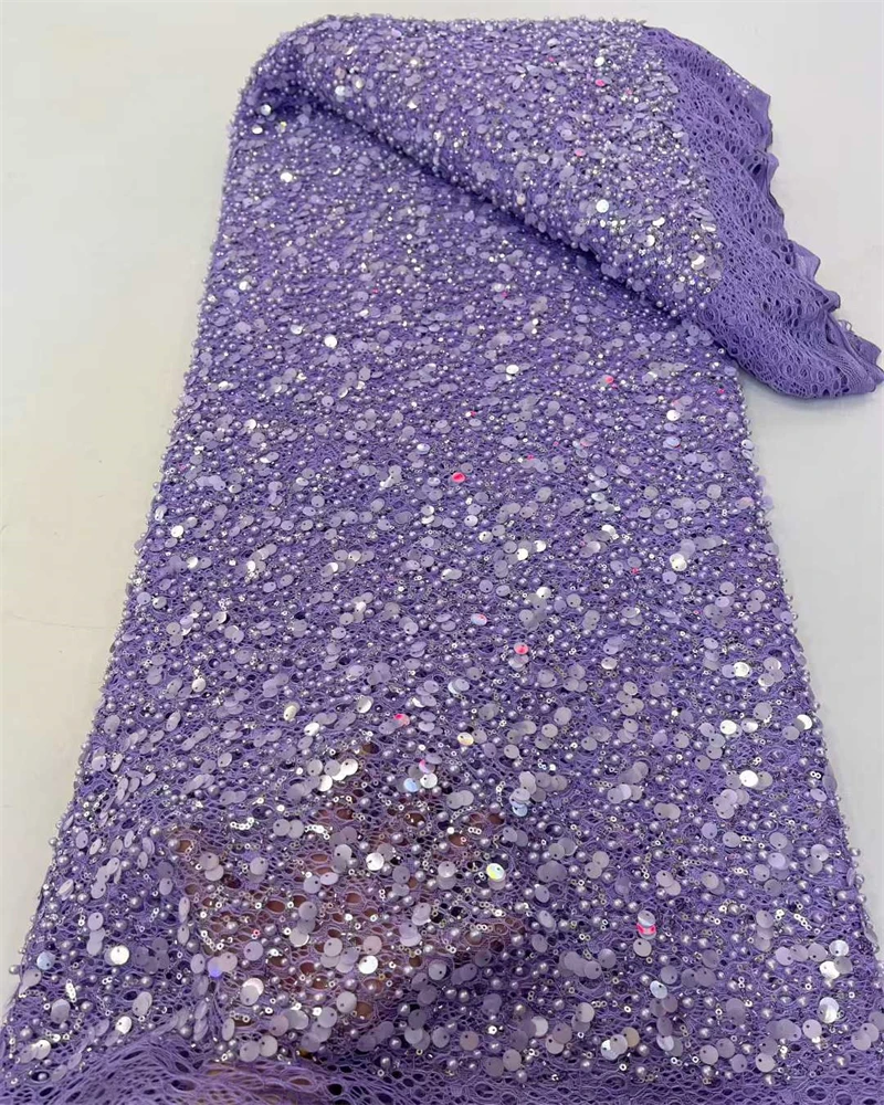 アフリカンスパンコールレース生地 2025年 5ヤード 高品質レース フランスナイジェリアビーズレース生地 ドレス、ウェディング、パーティーの縫製用