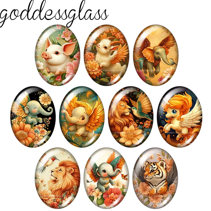 Wings Animals Elephants Lion Birds Sheep 10pcs 13x18mm/18x25mm/30x40mm Oval photo glass cabochon demo flat back Making findings