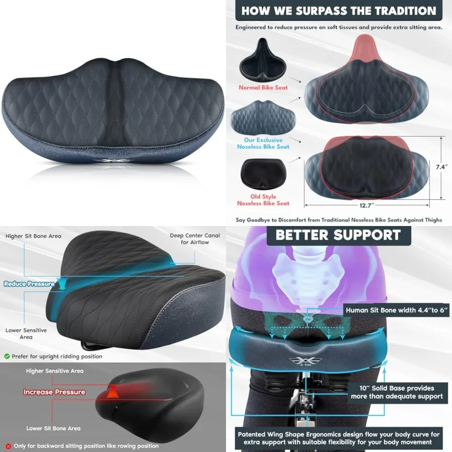 

New-Age Noseless Bike Seat Cushion for Men Women - Extra Padding Wide - Suitable for City, Electric, Stationary Bikes - Compati