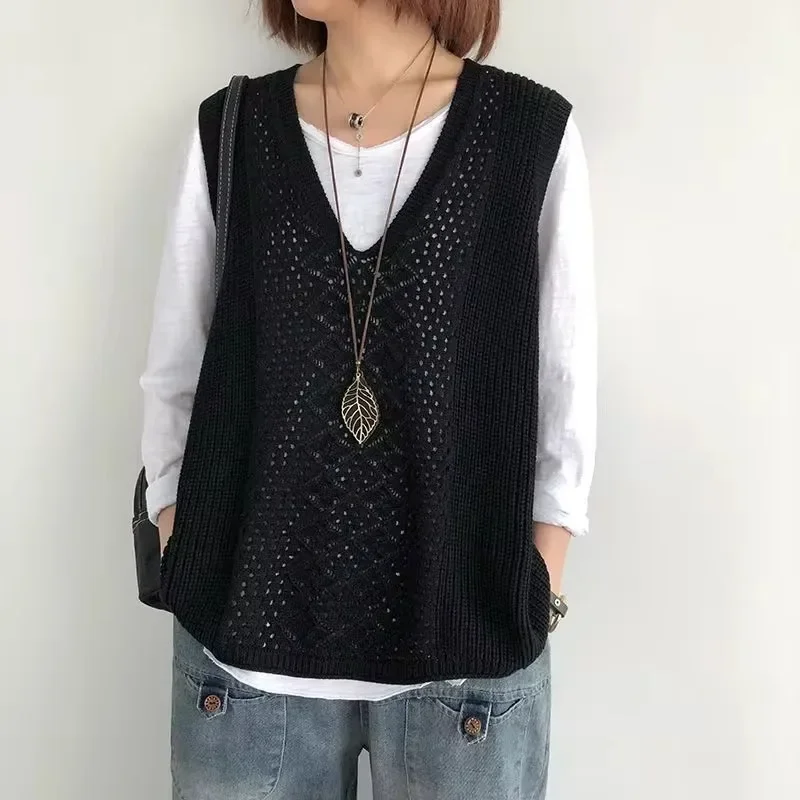 Fashion Spring Autumn Hollow Out Thin Knitted Sleeveless Sweater Vest Korean Women Loose V-Neck Casual Pullover Jersey