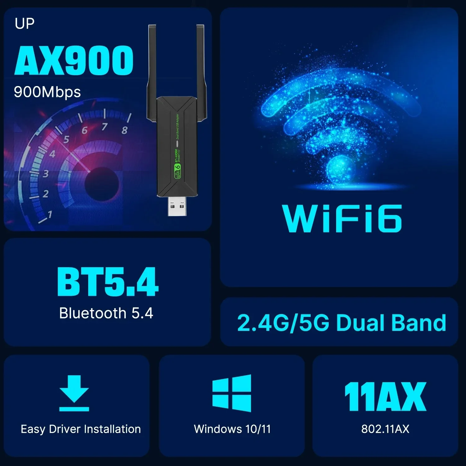 Adattatore WiFi 6 USB 900Mbps Dual Band 2.4G/5Ghz Bluetooth 5.4 Ricevitore WiFi wireless Scheda di rete Dongle USB per laptop Win 10/11