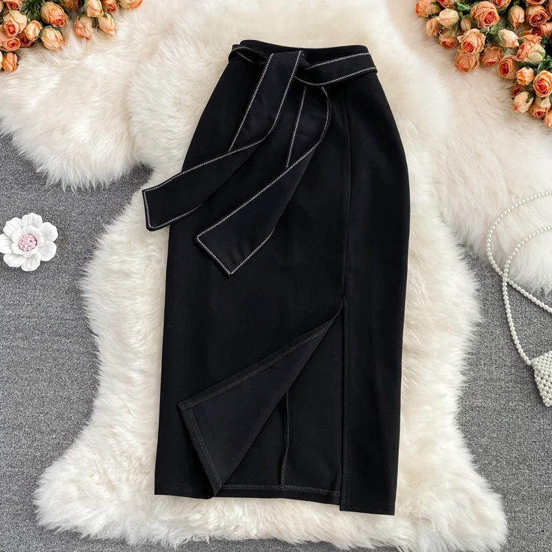 

ssTss 2024 Autumn New Korean Ins High Waist Slim Split Skirt Women Versatile Medium Length Knee Length Skirt For Girl Casual