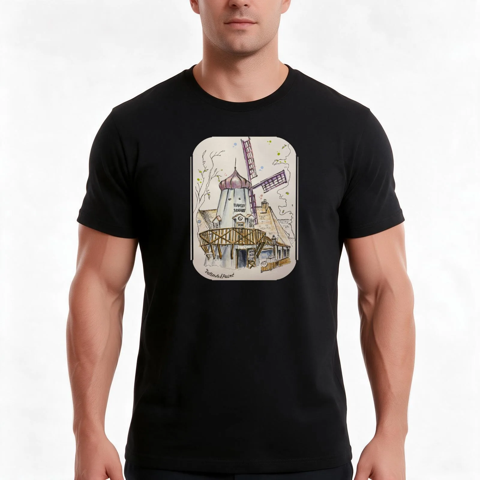 Solvang, Windmill T-Shirt, Summer Casual Cotton Tee, Oversized Streetwear Tops, Vintage Graphic Print, Loose Fit Short Sleeve