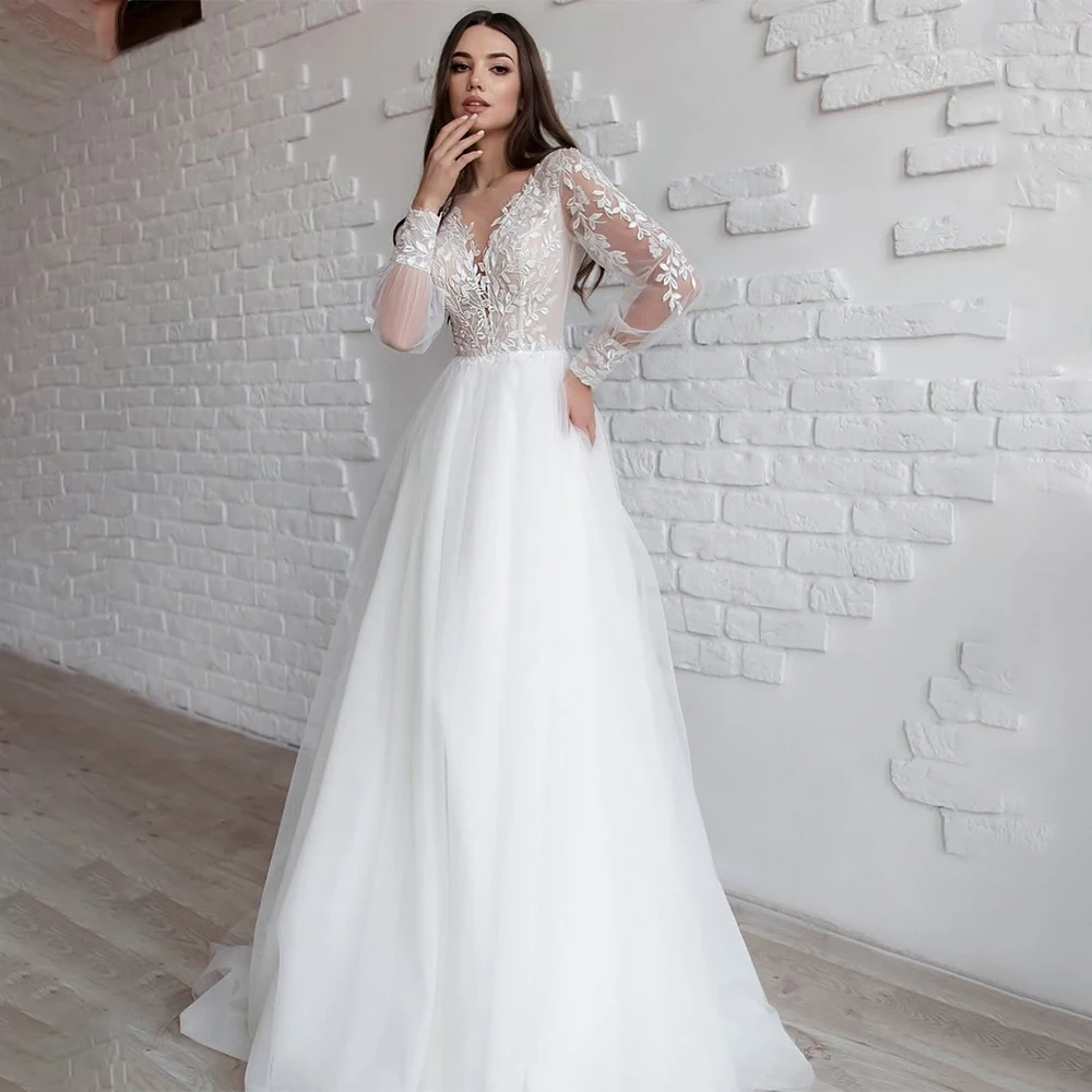 

Vintage Long Puff Sleeves V-neckl Lace Applique Bridal Grown A Line Wedding Dresses Custom Made 2026 Vestido De Noival