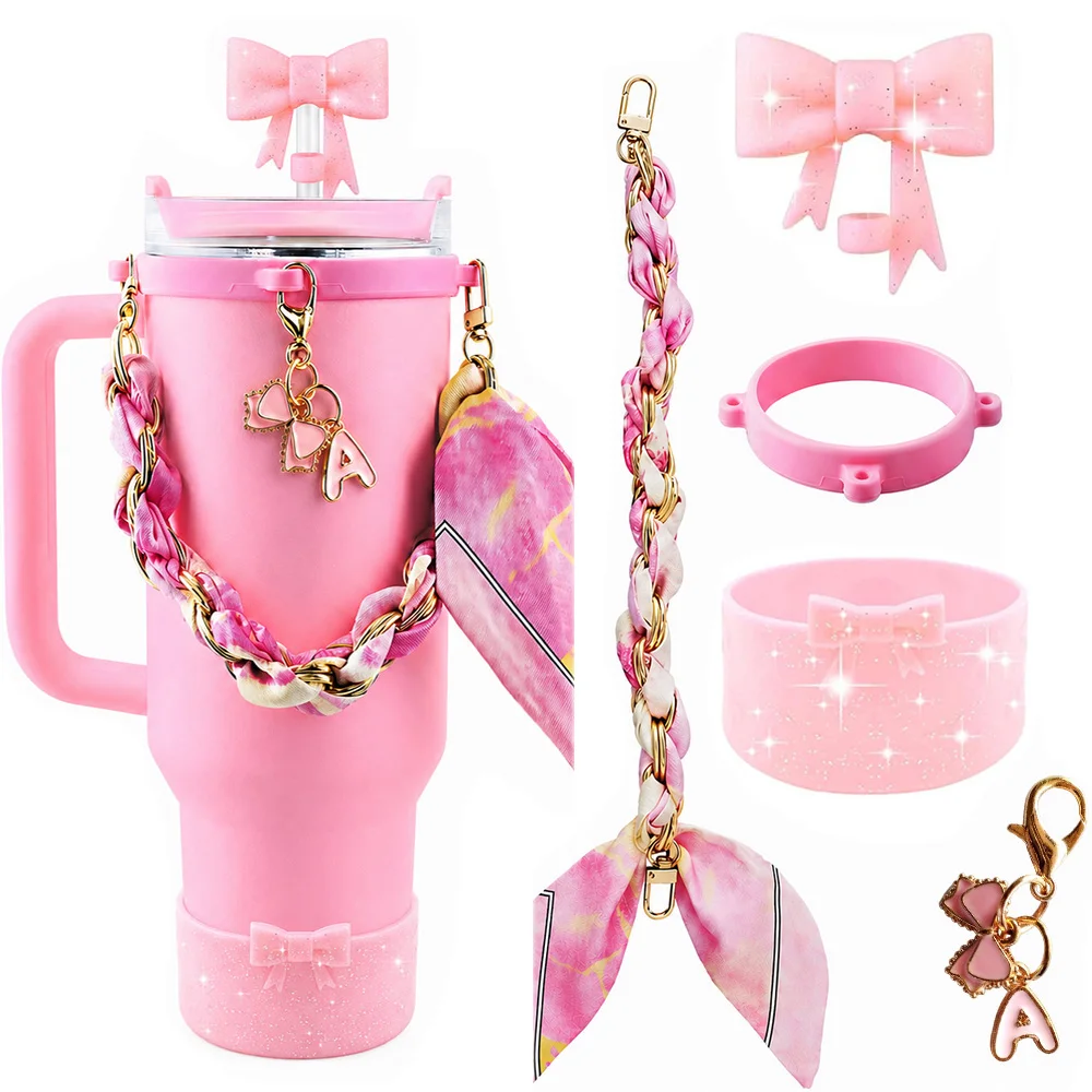 

5pcs Cup Accessories Set for Stanley Cup 30oz 40oz Woven Strap Handle Silicone Straw Cover Initial Charm for Mother's Day