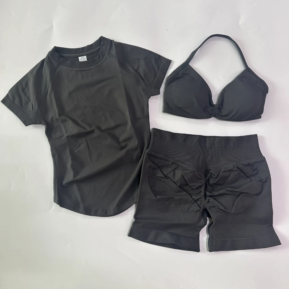 3-teiliges Workout-Set für Damen: Sport-BH mit Trägern + Sport-Top mit langen Ärmeln + Yoga-Shorts, Sportanzug, Yoga-Kleidung, Fitness-Outfit – Detail 17