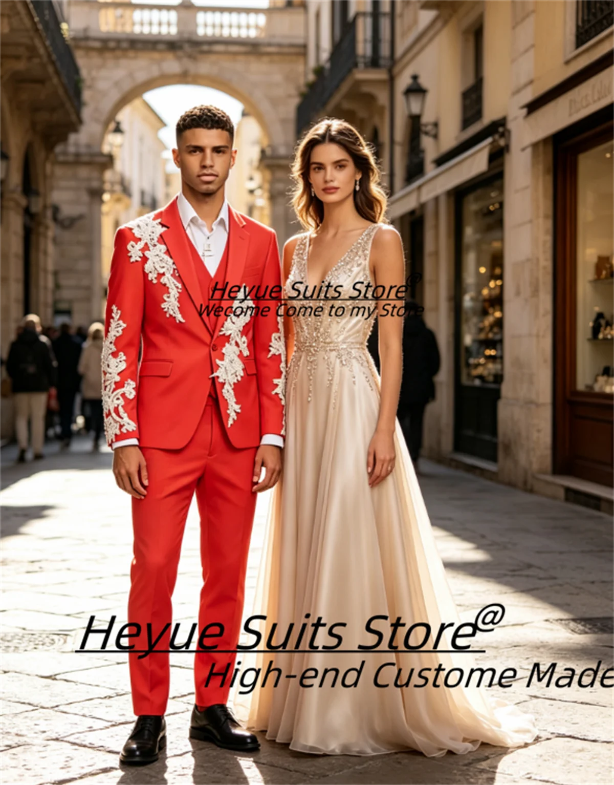 Formal Red Men Suits Customized White Floral Lace Embroidery Peak Lapel Groom Wedding Tuxedos 3 Pieces Sets Male Prom Blazers