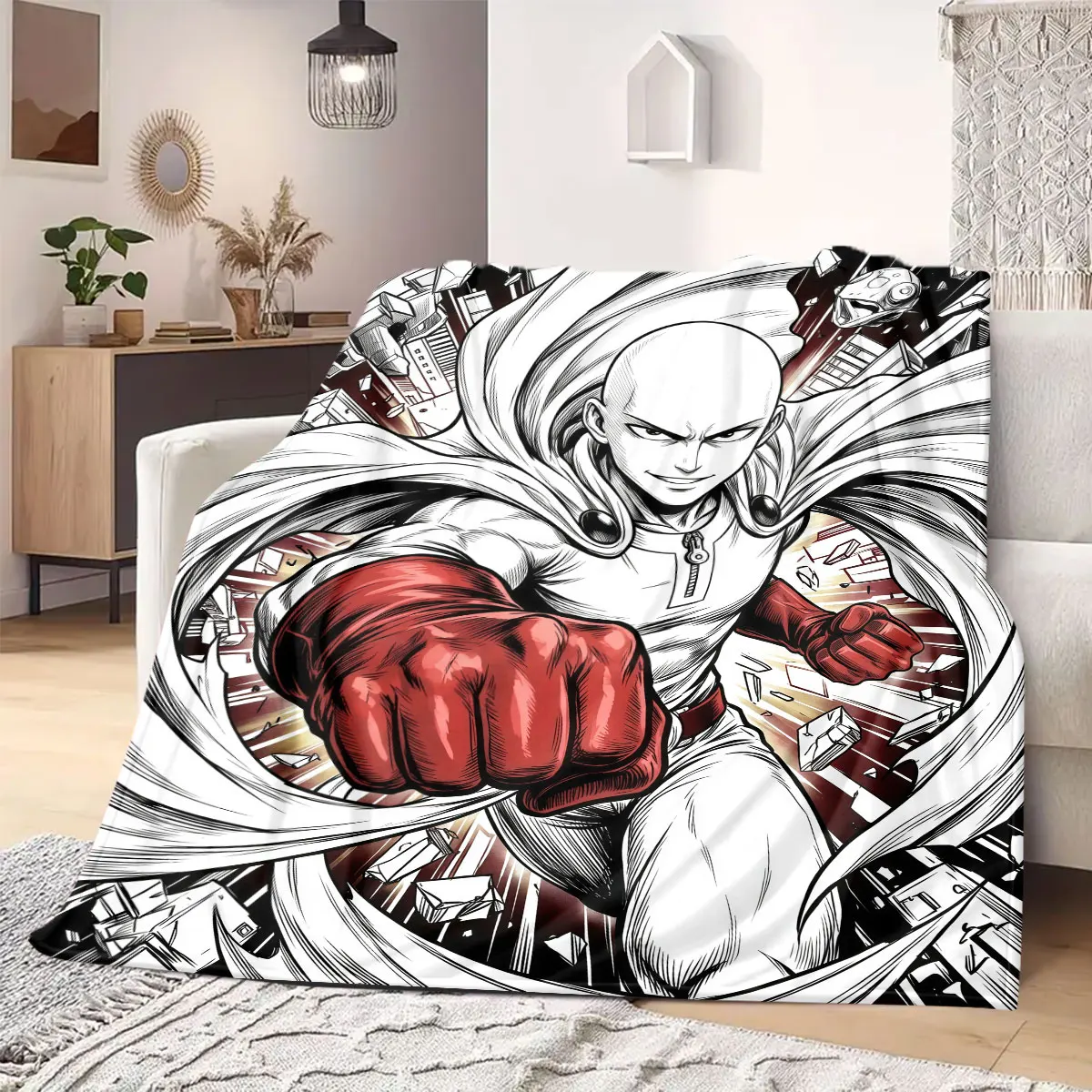 One Punch Man Smart Print Flannel Blanket, Cartoon Decorative Pattern, Soft and Warm for Bed and Couch, Travel Blanket_LIAN