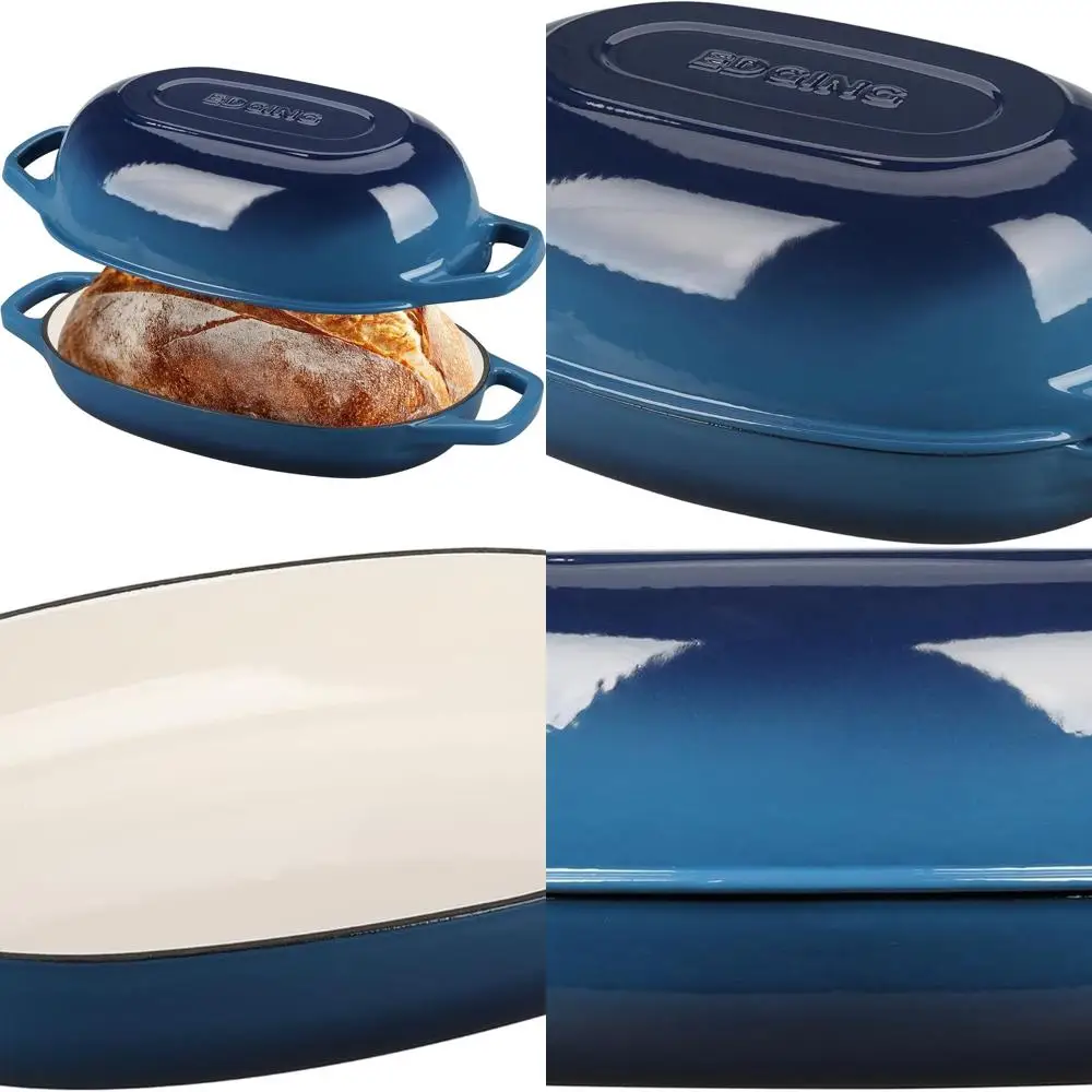 

Oval Enamel Cast Iron Dutch Oven with Lid, 5 Quart, Ideal for Sourdough Bread, Lake Blue