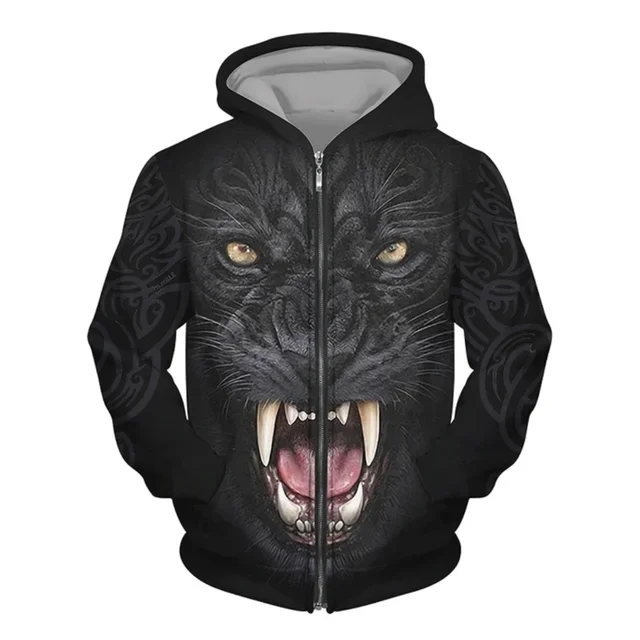 New Men's Zipper Hoodie Spring Autumn Wolf Print 3D Street Punk Style Fashion Retro Oversize Clothing Men's Fashion Trend Tops