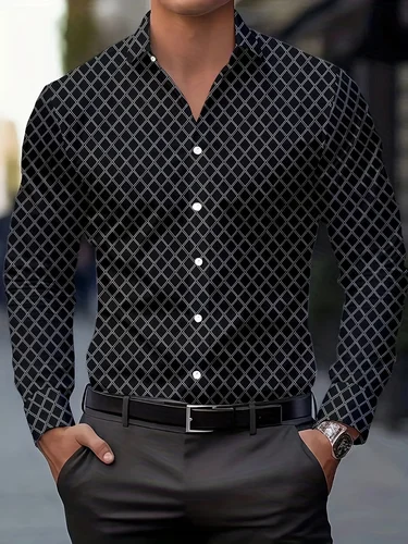 Imagen 2 del producto Camisas de vestir con diseño de cuello de solapa con estampado geométrico para hombre, camisa de manga larga, camisa informal con botones para ocasiones formales