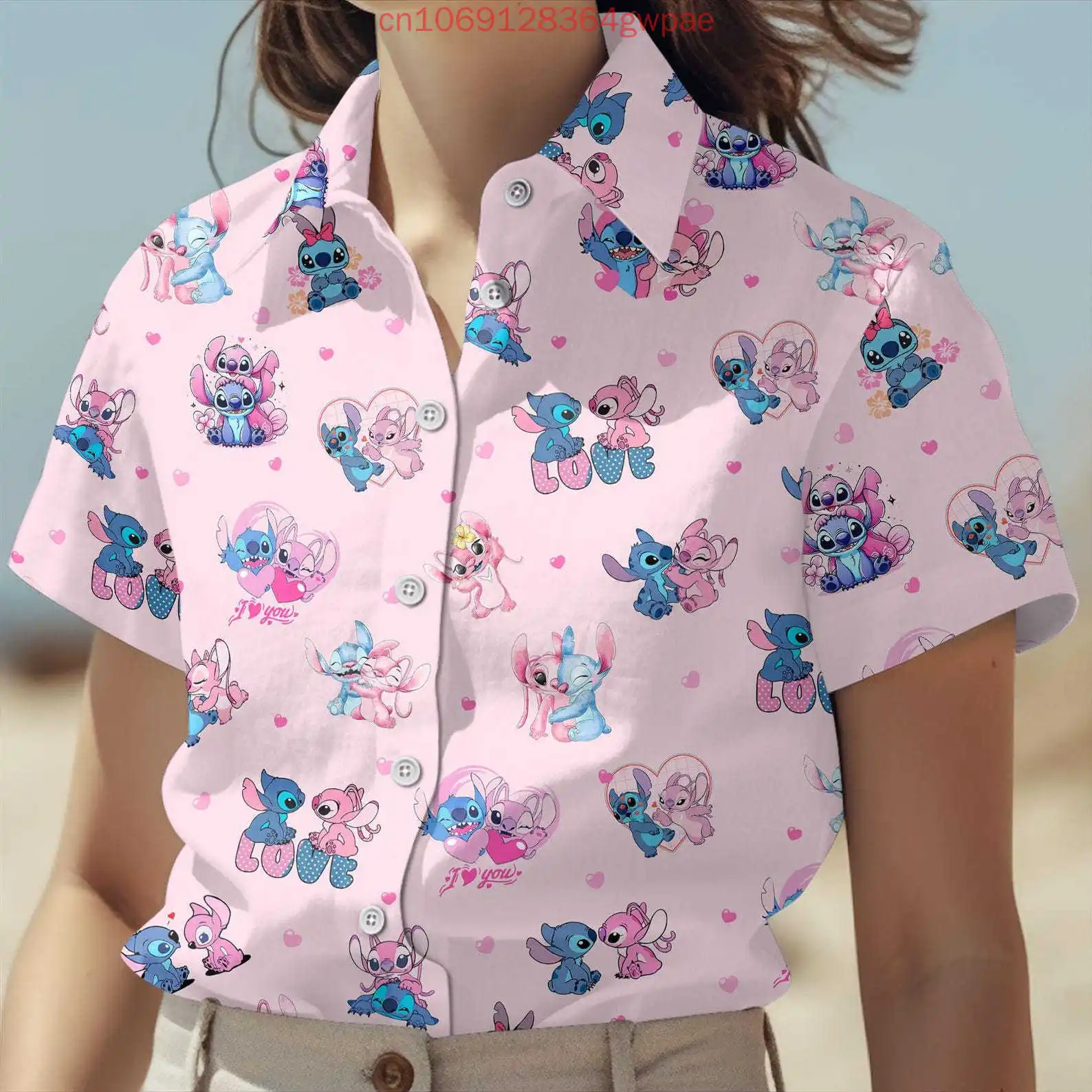 

Summer New Stitch Angel Hawaiian Shirt Women's Short Sleeve Button Shirt Disney Men's Casual Beach Vacation Sun Protection Shirt