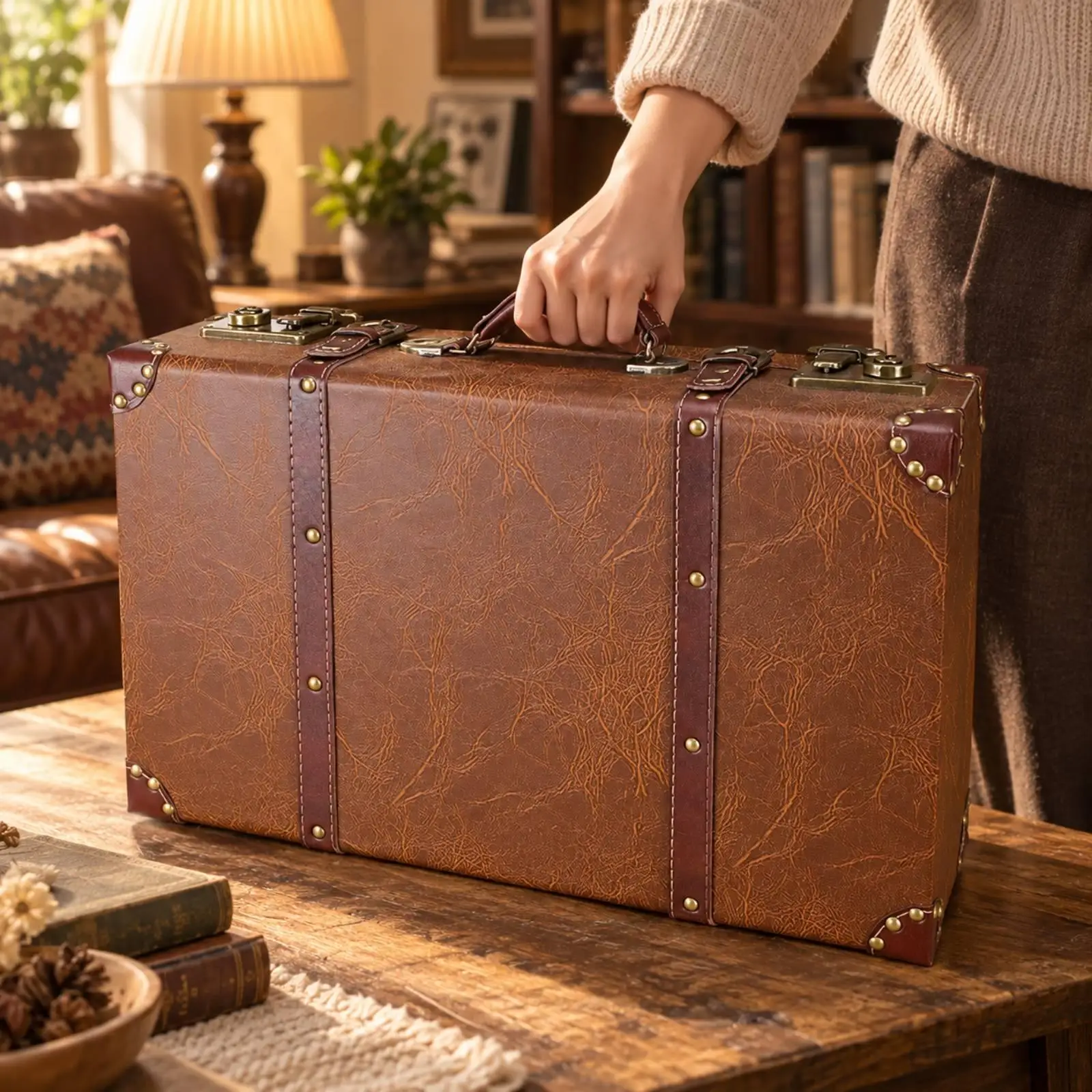 Leather-Covered Wooden Suitcase Sturdy Rigid Rectangular Storage Suitcase Wooden Storage Box with Metal Clasps Retro Versatile