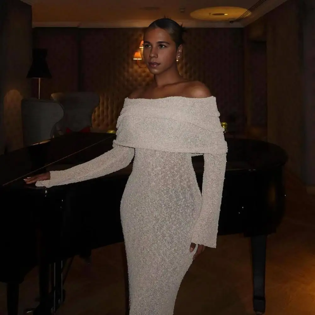 مثير قبالة الكتف سطر واحد طوق فستان الحفلات الخريف الشتاء المرأة فستان منسوج أنيق كم طويل شير جوفاء فستان طويل #5