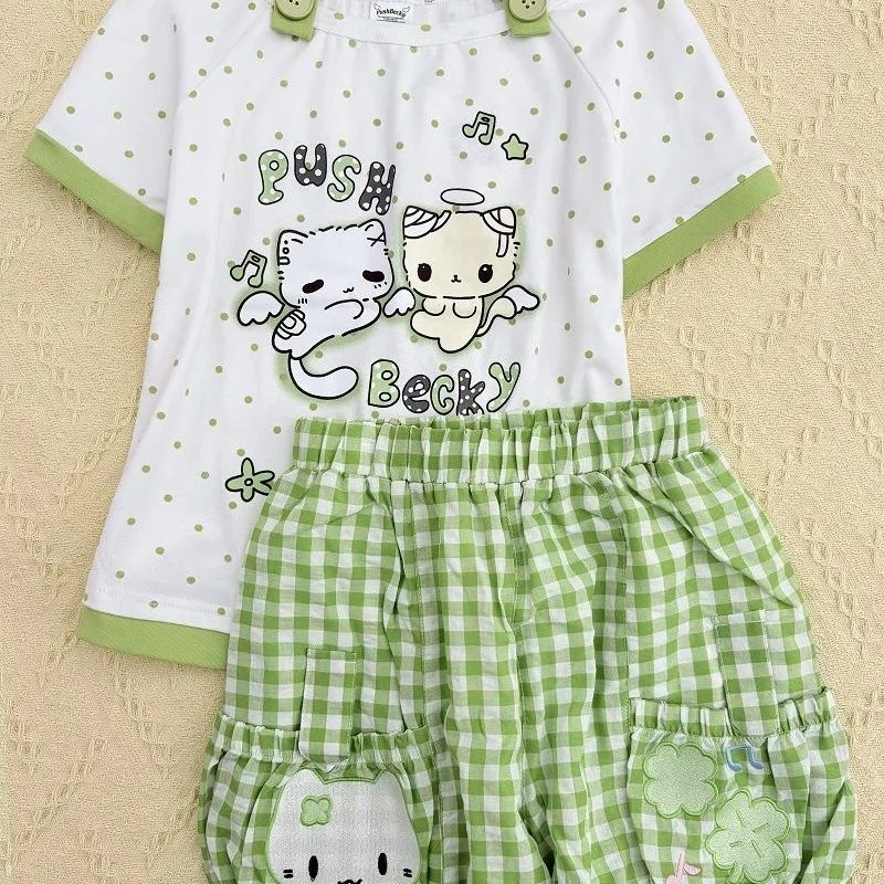 Japanese Otaku Girl Sweet Cute and Fresh Short Sleeved Tshirt+shorts Sets 100% Pure Cotton Summer Two-piece Set Daughter Clothes