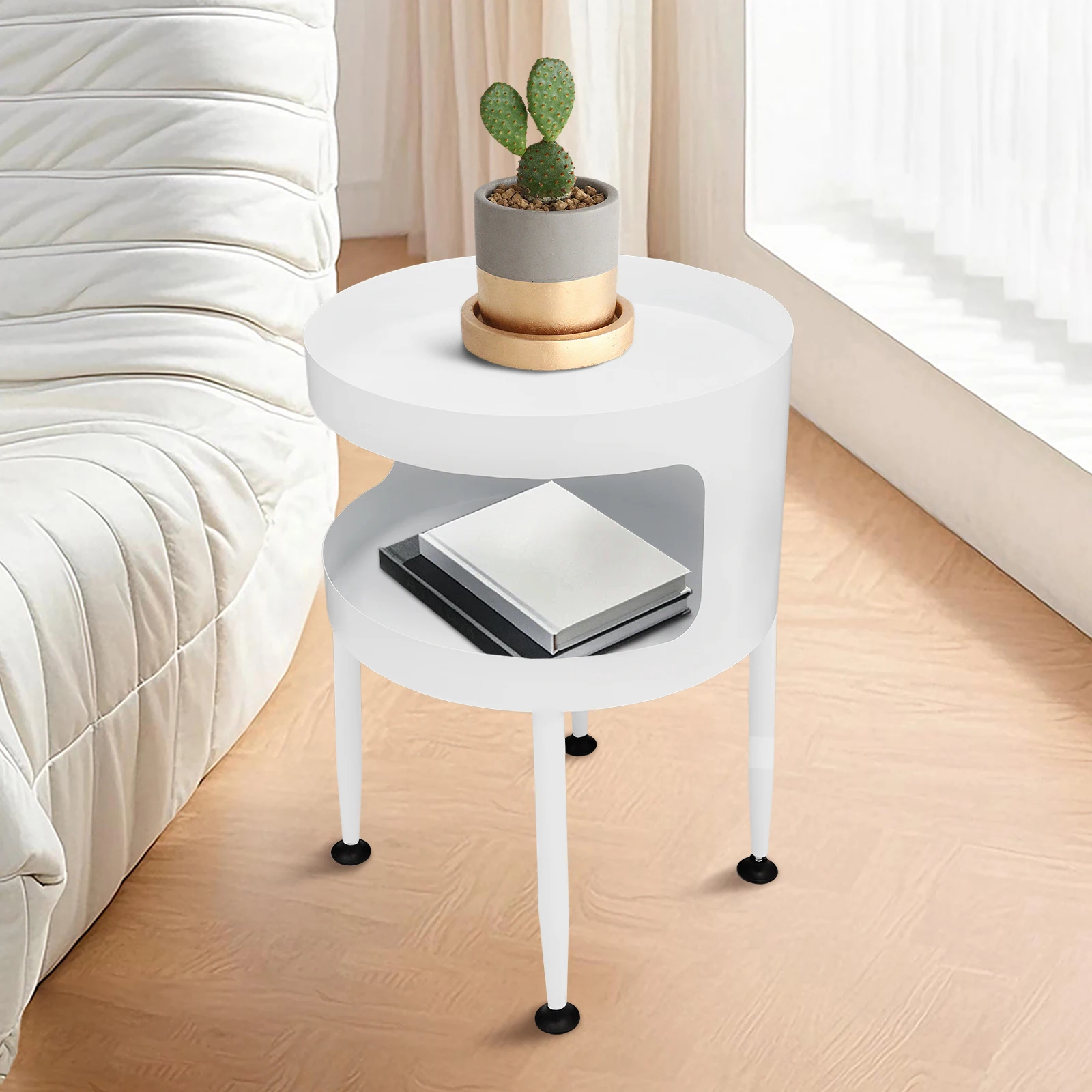 Modern Side Table Round Bedside Table with Open Storage 44 lbs Capacity Iron End Table for Living Room Bedroom Balcony