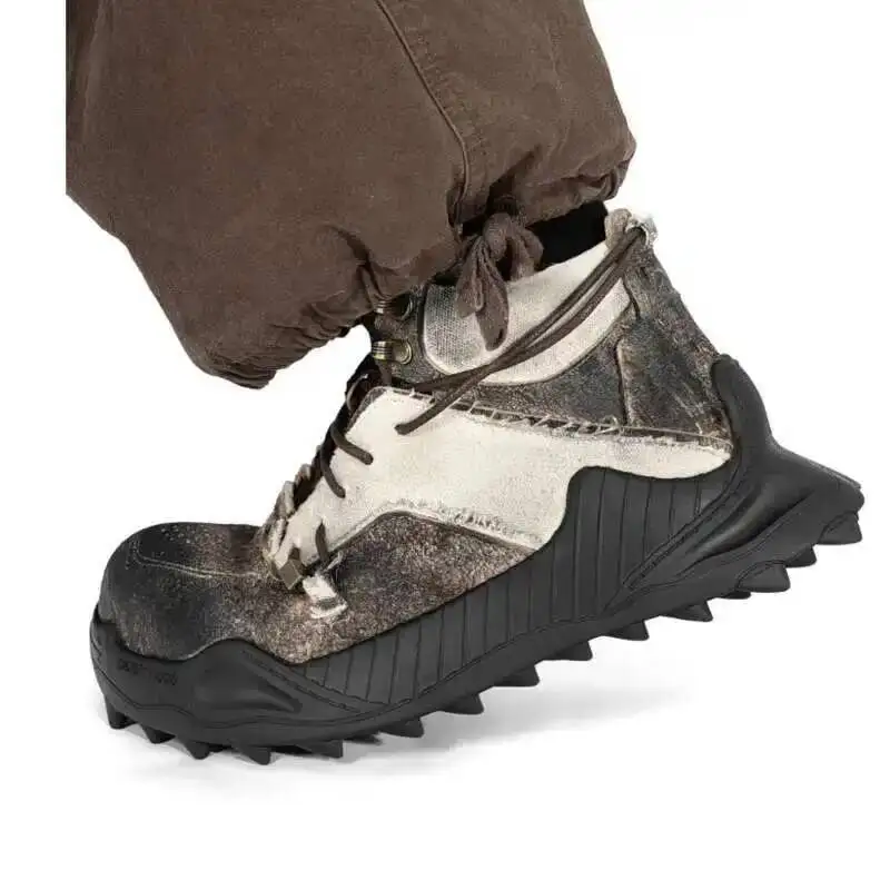 HKSH Cool Retro Casual Thick Soled Shoes Handmade Cowhide Canvas Middle Top Shoes Sports Trendy Men Women Original Design HK4021