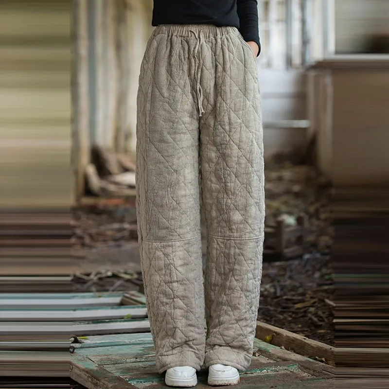 High Quality Thick Warm Casual Pants Women New Arrival 2024 Winter Vintage Style Loose Female Cotton Linen Long Pants M121