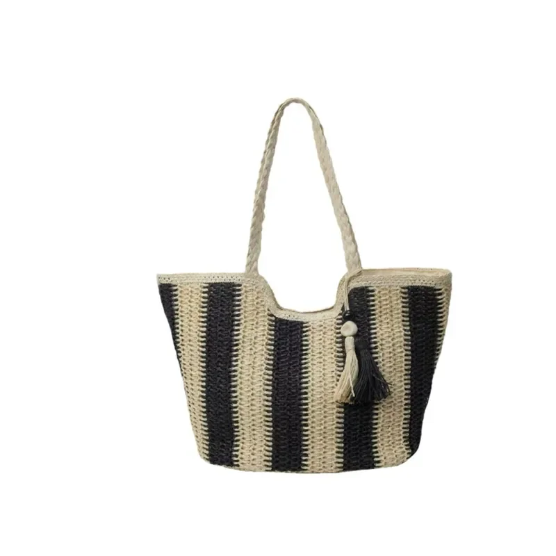 Striped woven straw tote bag for women large capacity beach vacation handbag seaside summer accessory view 5