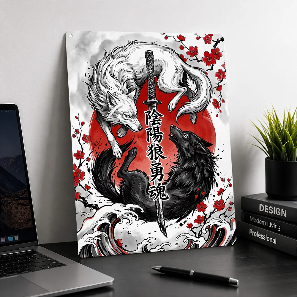 Yin Yang Wolves and Katana 3D Printed Texture Poster Personalized Wall Art Retro Metal Tin Signs for Bar Accessories Decor Room