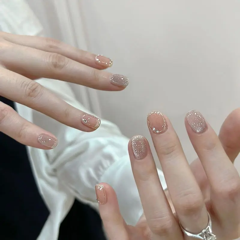 Nail Enhancement Wearing Nail Gentle Naked Short Circle Ultra Sparkling Zircon Cat Eye Women  Finished Advanced Nail Patch