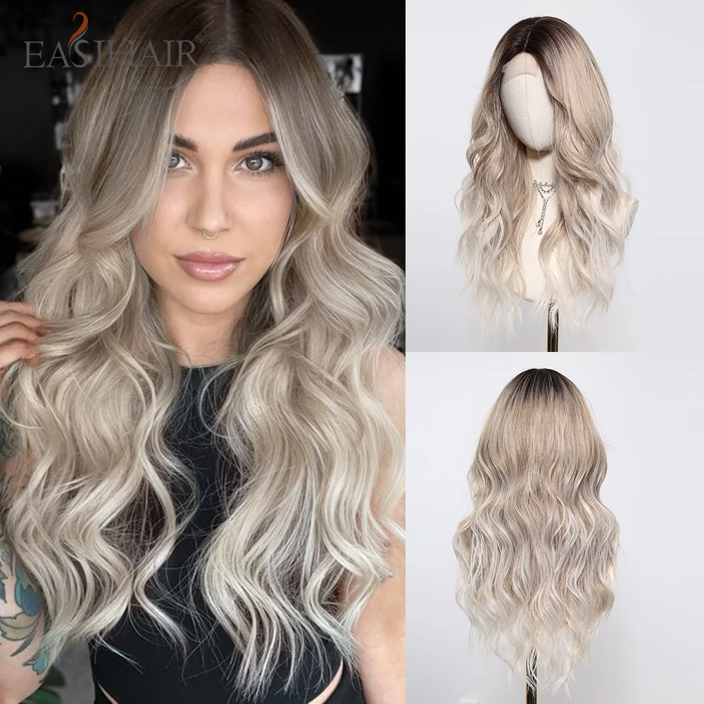 

EASIHAIR Long Wavy Synthetic Hairline Lace Wigs Brown Platinum Ombre Hair Wig for Women Dark Root Daily Lace Wig Heat Resistant