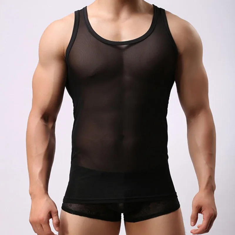 

Tops 2023 New Fashion Ice Silk Fabric Clothes Men's Grid Mesh Sheer Tops Grenadine Lace Breathable Tank Tops