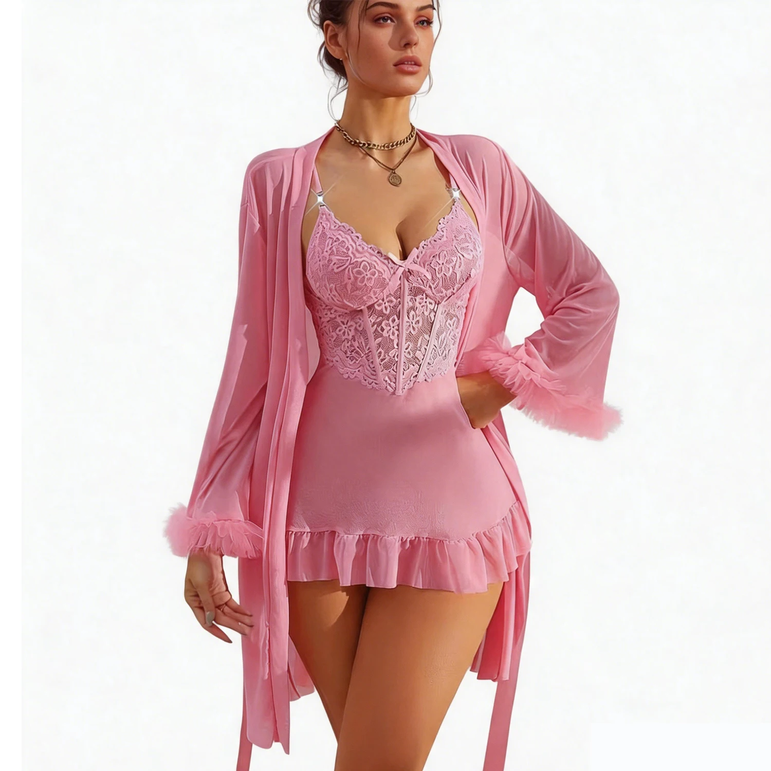 

3 Pieces Women Sleepwear Pajamas Ser With Robe Sexy Lace Lingerie Bathrobe Silk Satin Home Clothed Nightwear Robe Sexy Lingerie