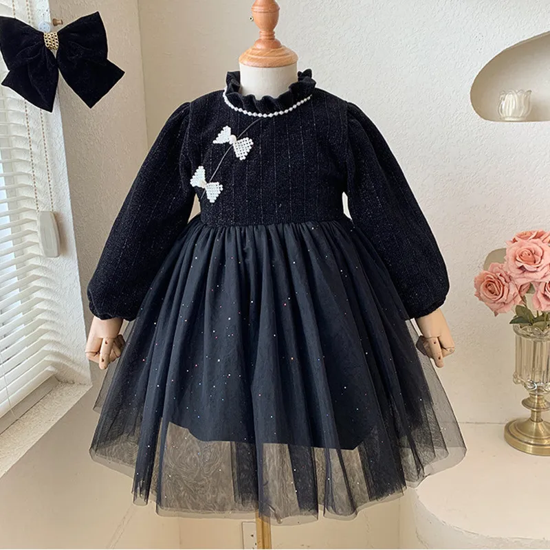 

Girls' Princess Dress with Fleece Lining and Thickened Fabric2025Winter Little Girl Red Stylish Children's Dress Baby New Year O