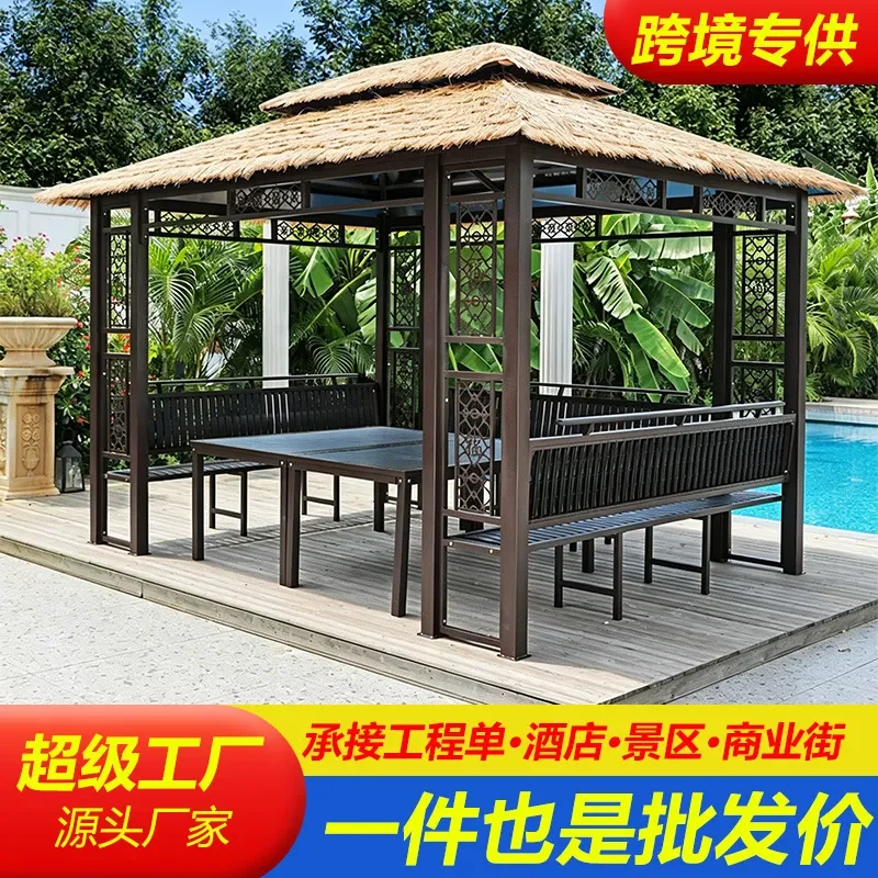 For Outdoor Garden Wrought Iron Thatched Pavilion Tent Rustic Farmhouse Courtyard Awning Durable Weatherproof Shade Shelter