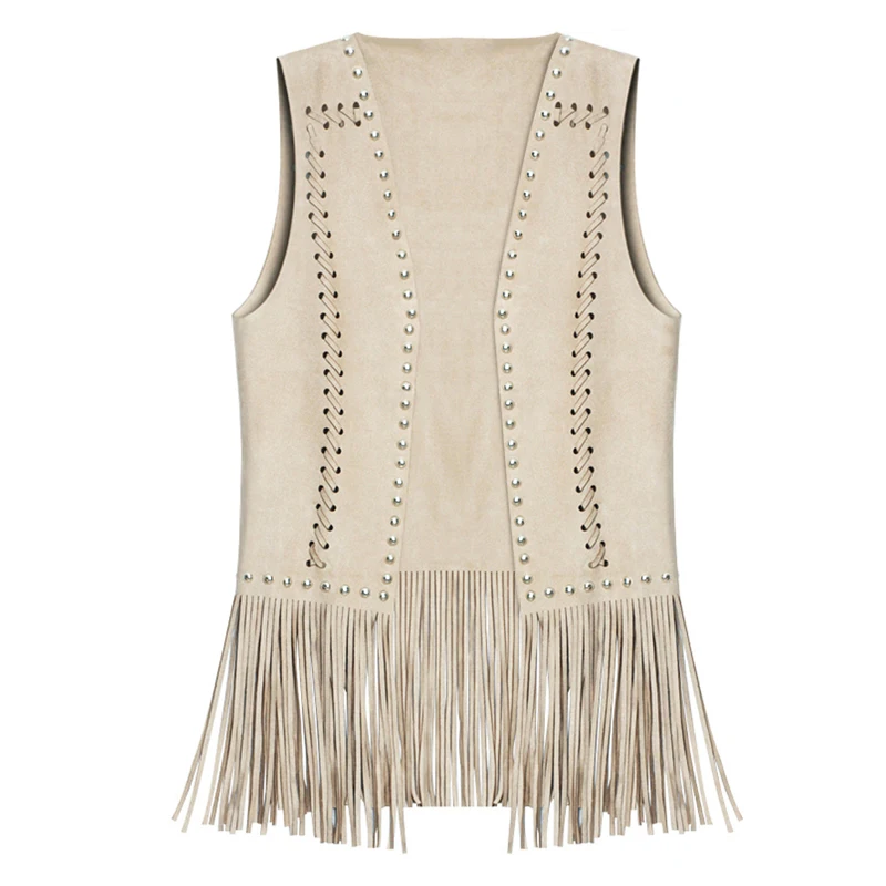 Suedette V-Neck Front-Open Fringe Sleeveless Cardigan Short Hollow Gilet Vest with Rivets for Ladies Dropshipping