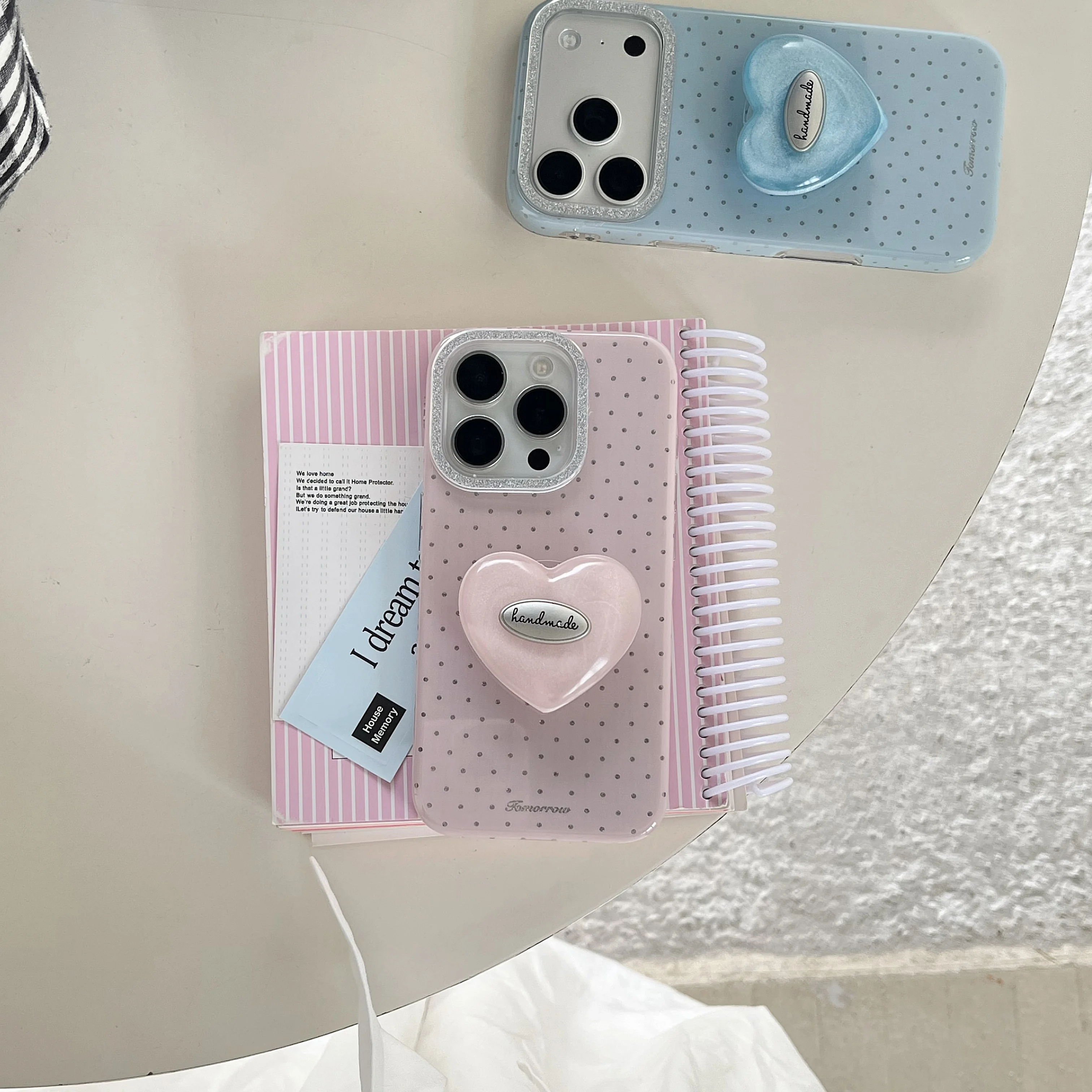 

Gentle Wave Wave Point Glitter Photo Frame Blue Pink Love Heart With Holder Phone Cover Case for iPhone 17 16 15 14 Pro Max