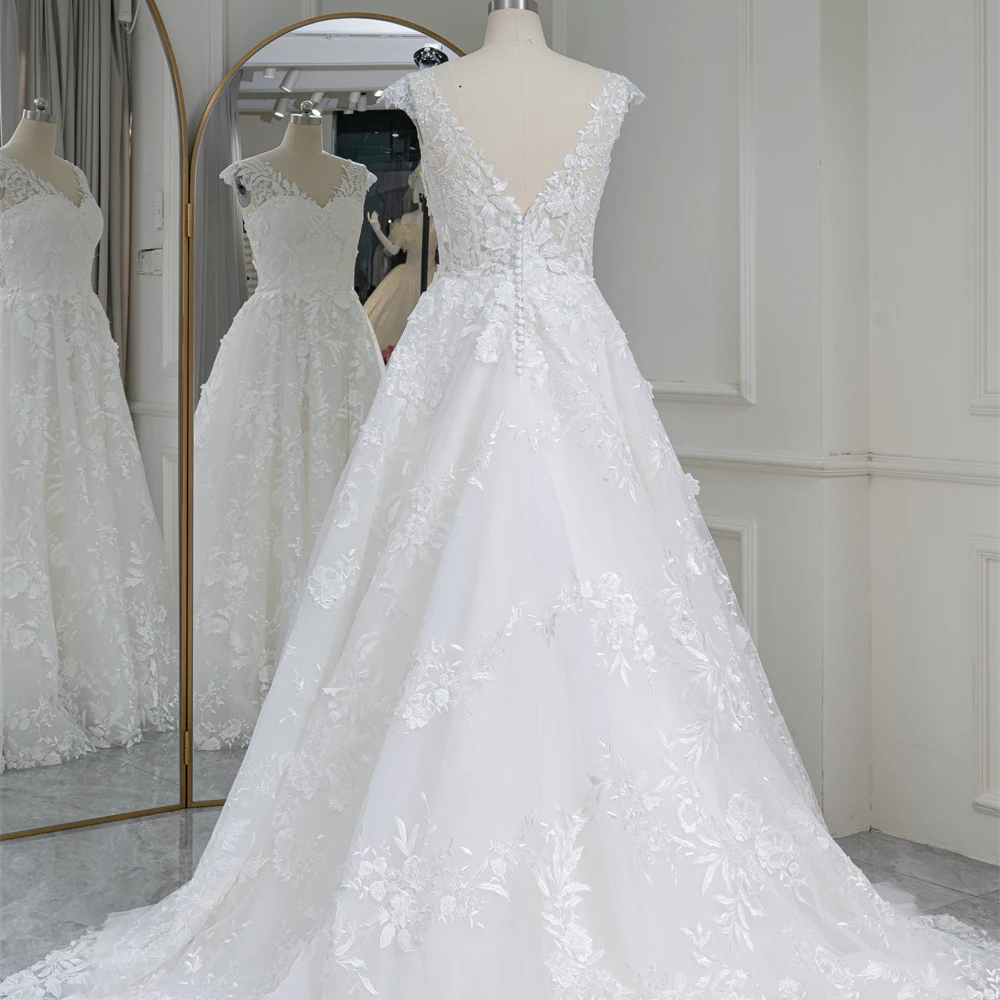 A Line Cape Sleeve V Neck V Zipper Button Back Lace Elegant Wedding Dresses Dress for Bride RL308