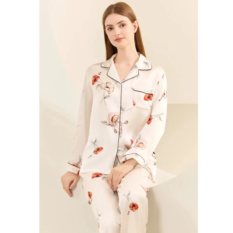 100% Mulberry Silk Women's Pajamas Set Satin Sleepwear Button Down Top & Trousers Pajama 2pcs Suit Printed Nightwear Loungewear