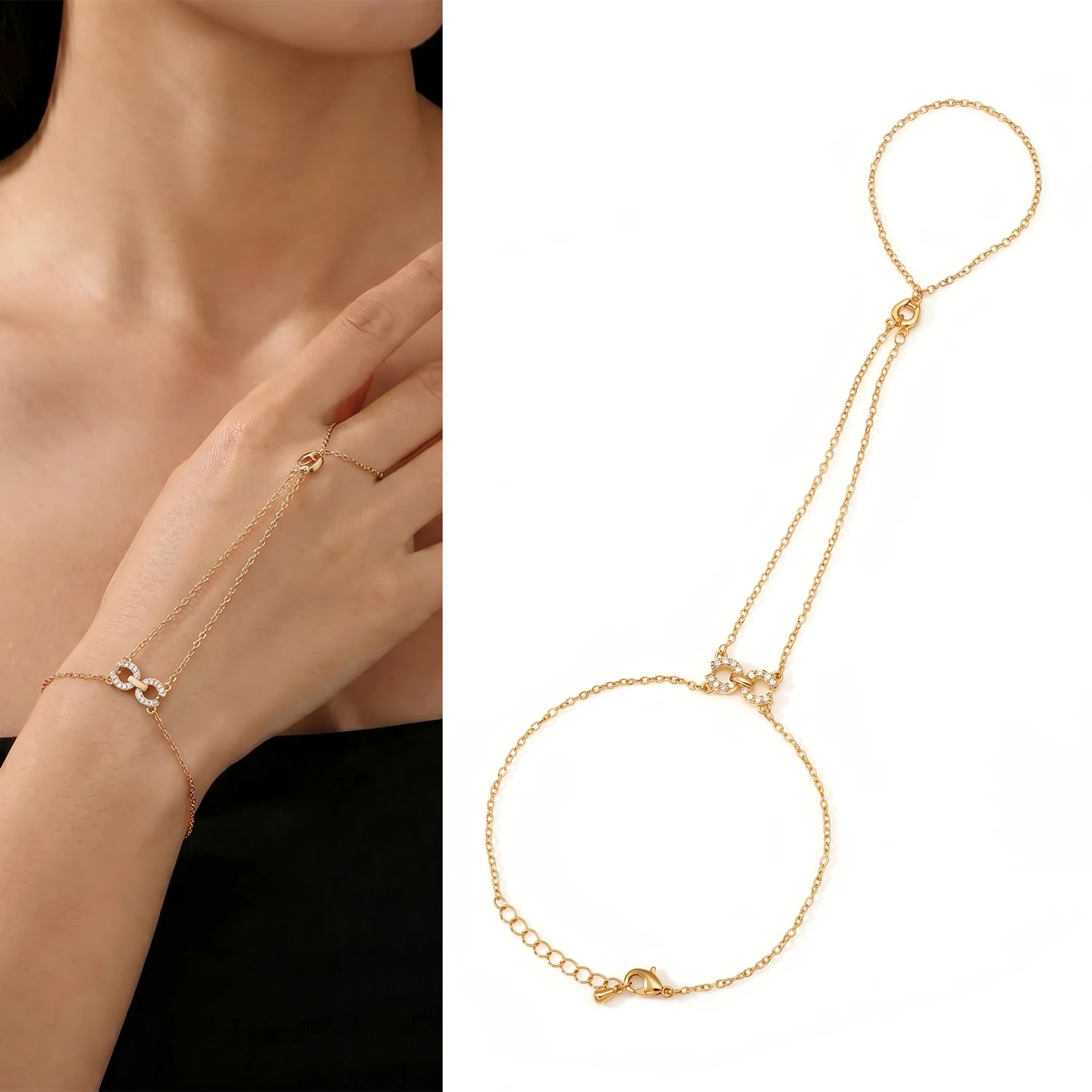 Women Slave Chain Bracelet Ring Delicate Hand Chain Wristband Connected Finger Ring Elegant Wrist Ornament Dating Evening Holida