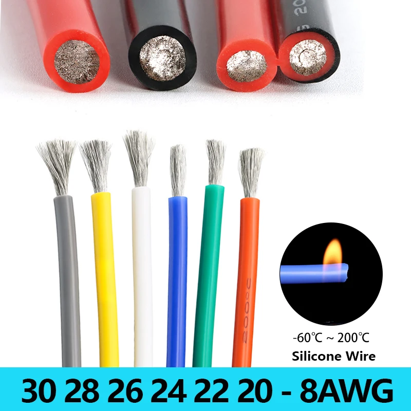 1/5/10M Soft Silicone Rubber Copper Cable 30 28 26 24 22 20-8AWG Flexible DIY LED Lighting Wires Electrical Power Cord Car Wires