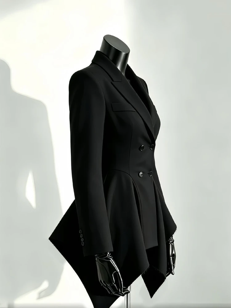 Elegant Autumn Unique Black Blazer Jacket Women Korean Fashion Double Breasted Waist Cinched Irregular Hem Office Casual Outfit